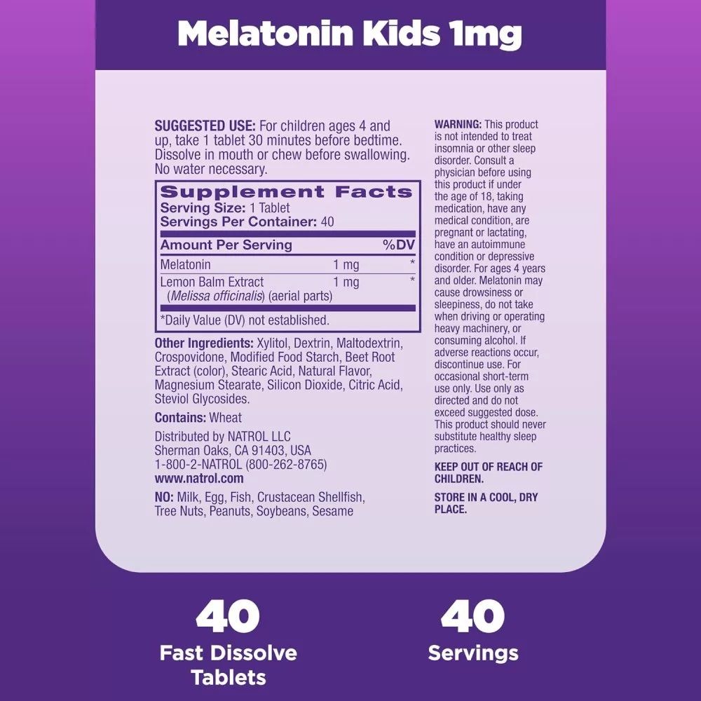 NATROL - KIDS MELATONIN - BIZTONSÁGOS ÉS HATÉKONY MELATONIN 4 ÉVES KORTÓL - 40 TABLETTA